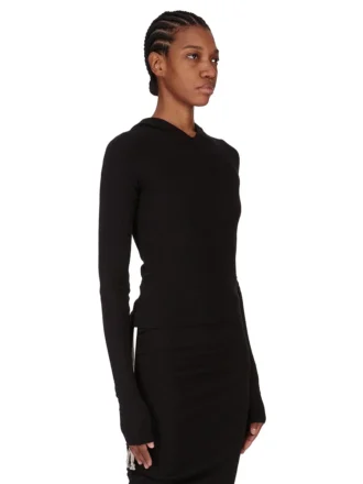 RICK OWENS FW25 CONCORDIANS CHAQUETA DE MANGA CORTA CON CAPUCHA Y ACANALADO EN JERSEY NEGRO RAININO. RP02E4210RJR-09