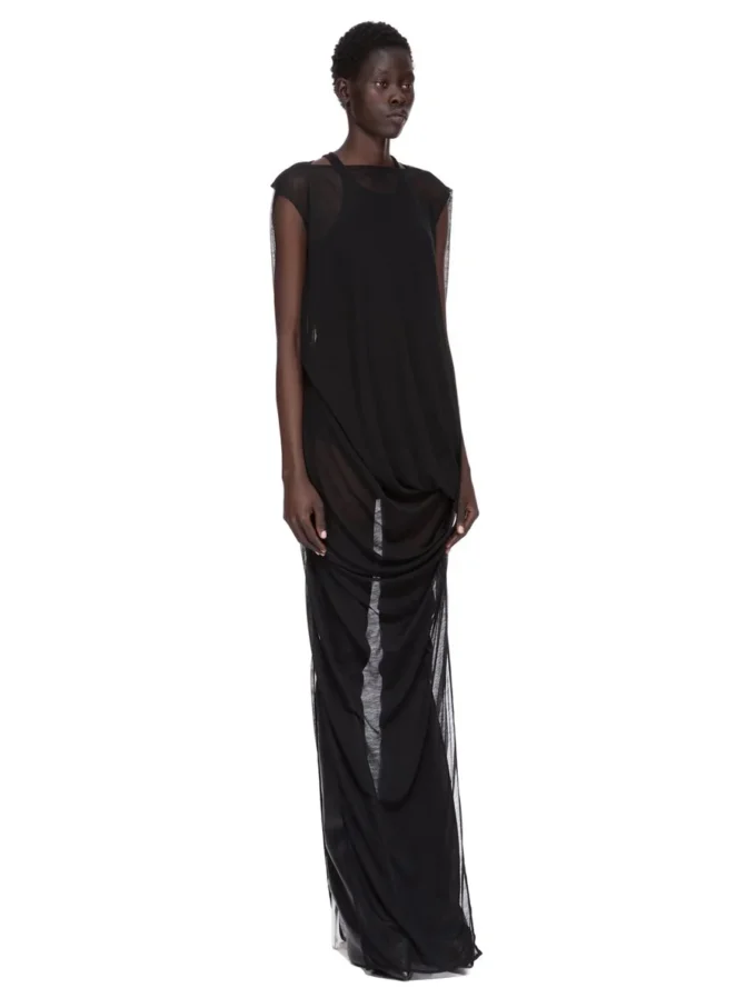 VESTIDO CONCORDIANS NOUVEAU FW25 DE RICK OWENS EN JERSEY DE LANA TRANSPARENTE NEGRO. RP02E4574JWR-09 VESTIDO CONCORDIANS NOUVEAU FW25 DE RICK OWENS EN JERSEY DE LANA TRANSPARENTE NEGRO. RP02E4574JWR-09